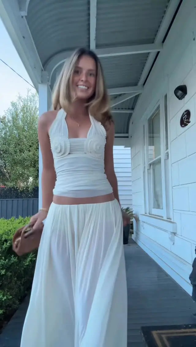 Off-White 3D Decor Halter Backless Ruched Top & Flowy Maxi Skirt Vacation Two-Piece Set