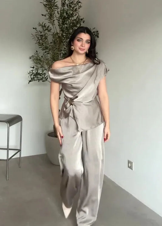 One-Shoulder Satin Waist-Tied Top + Wide-Leg Pants Set