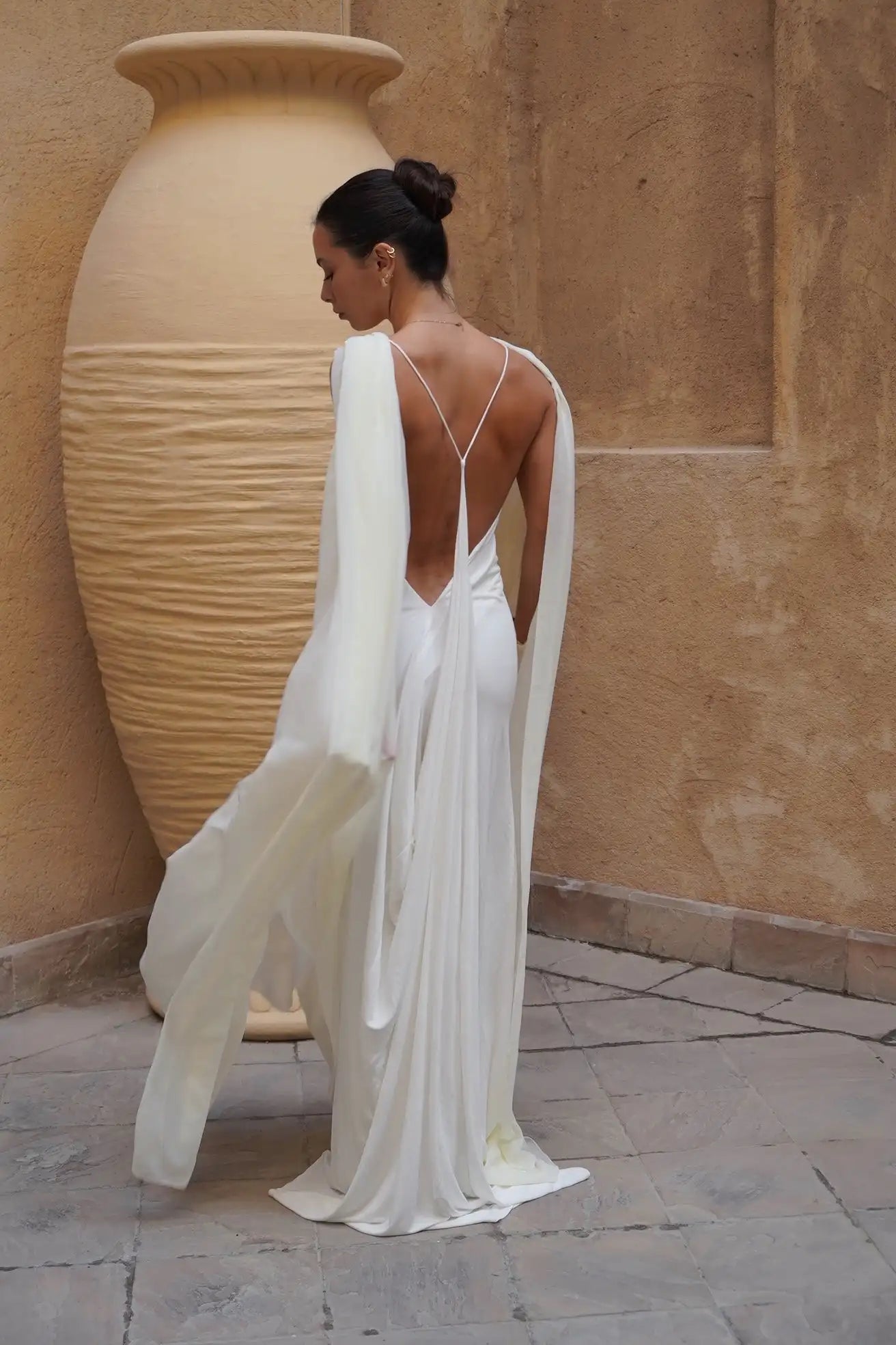 White Draped Cape Backless Maxi Gown
