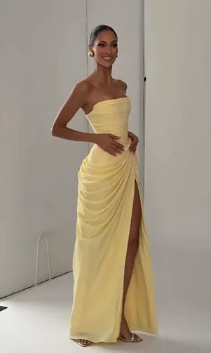 Butter Yellow Strapless Ruched Waist High Slit Backless Tie Evening Maxi Dress