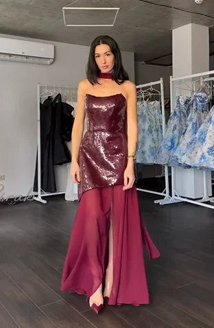 Sexy Sequined Tube Top Chiffon Dress