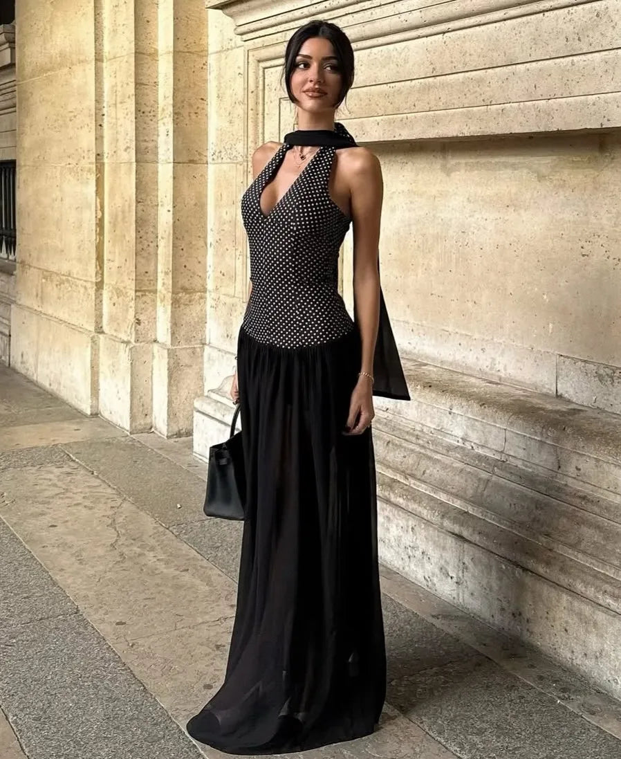Black & White Polka Dot Halter Tie Detail Party Maxi Dress