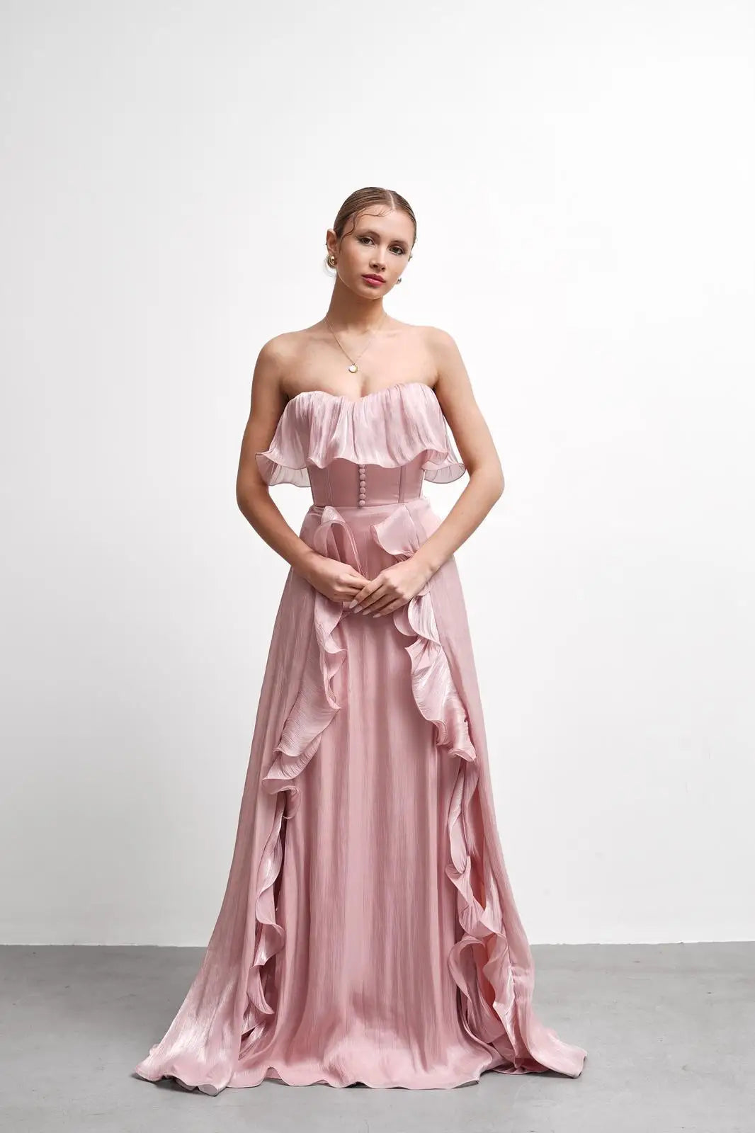 Blush Strapless Ruffle Draped Floor-Length Evening Gown