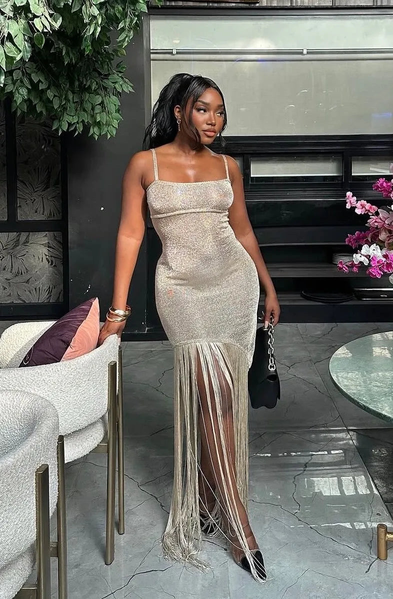 Sexy Sling Slim-Fitting Patchwork Tassel Dress