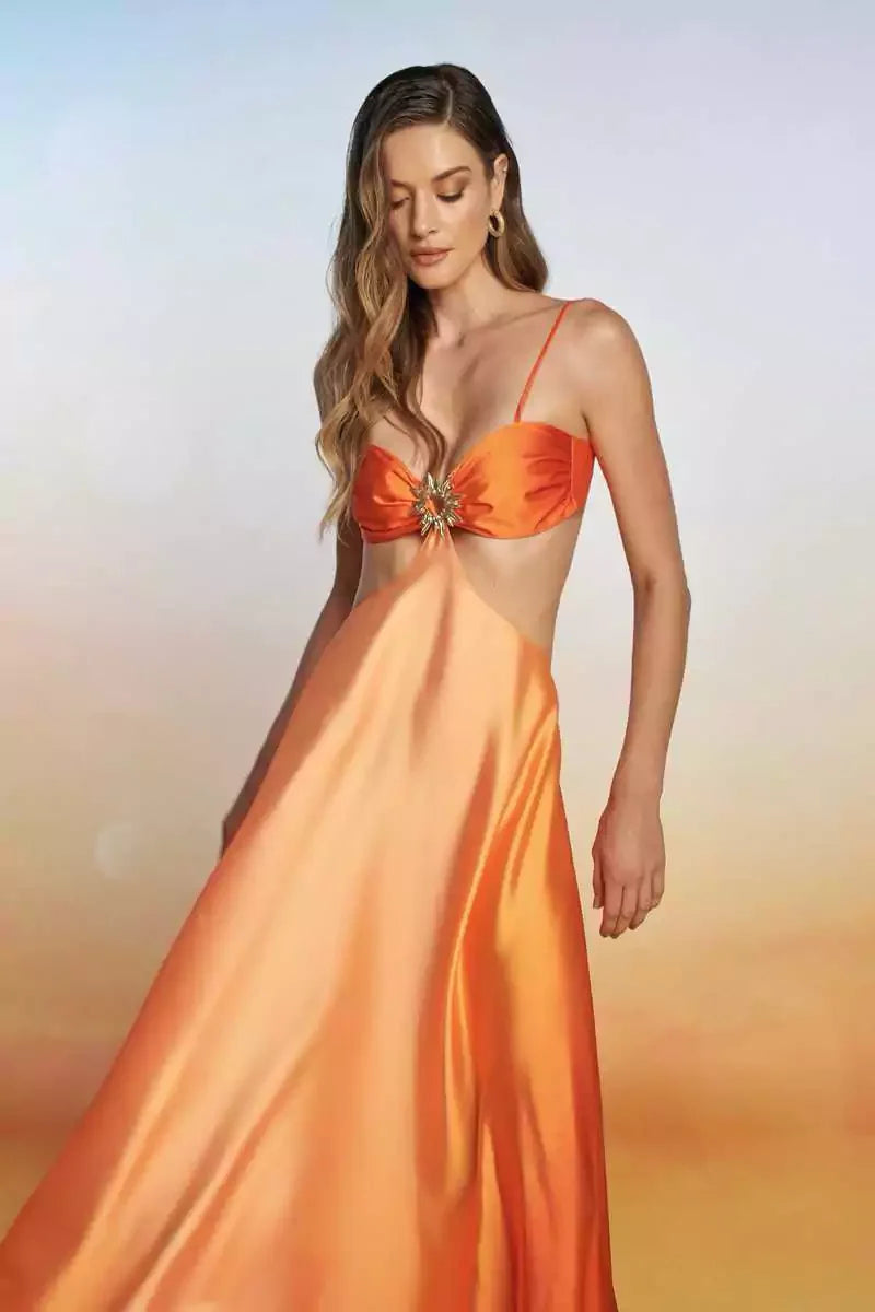 Sunset Orange Satin Rhinestone Accent Backless Vacation Dress