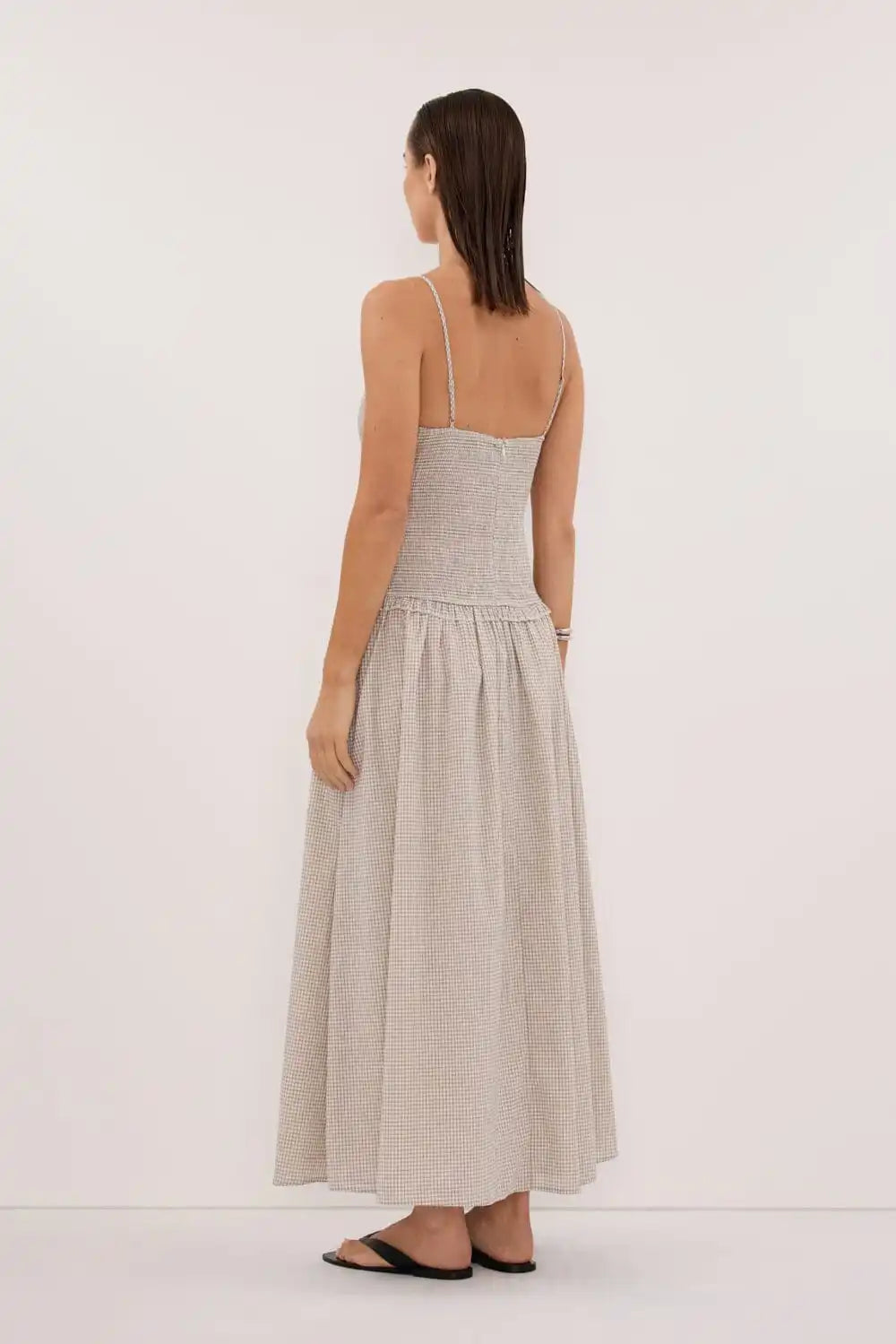 Spaghetti Strap Open-Back Gingham Flare