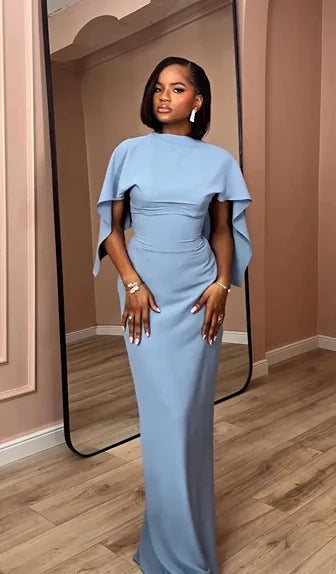 「Misty blue draped backless dress with cape sleeves, an elegant long gown」