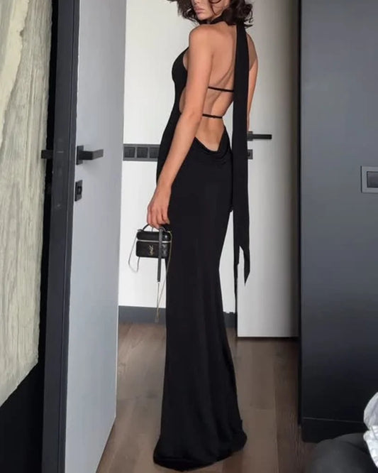 Sexy Sleeveless Solid Color Slim Fit Backless Maxi Dress