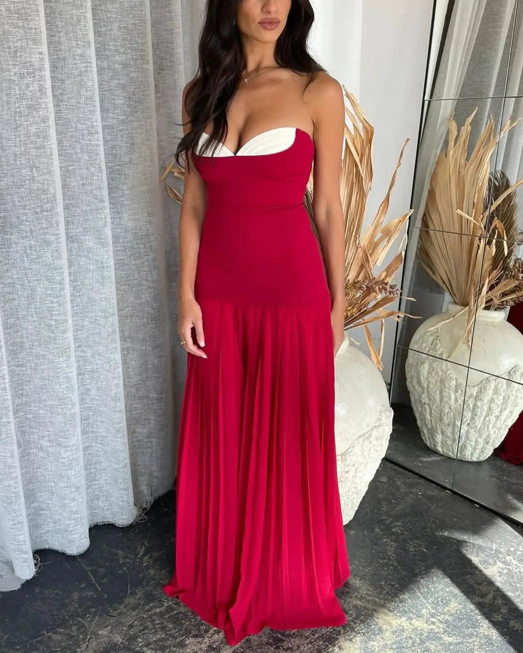 Sexy Contrast Color Bandeau One-Shoulder Stitching Dress