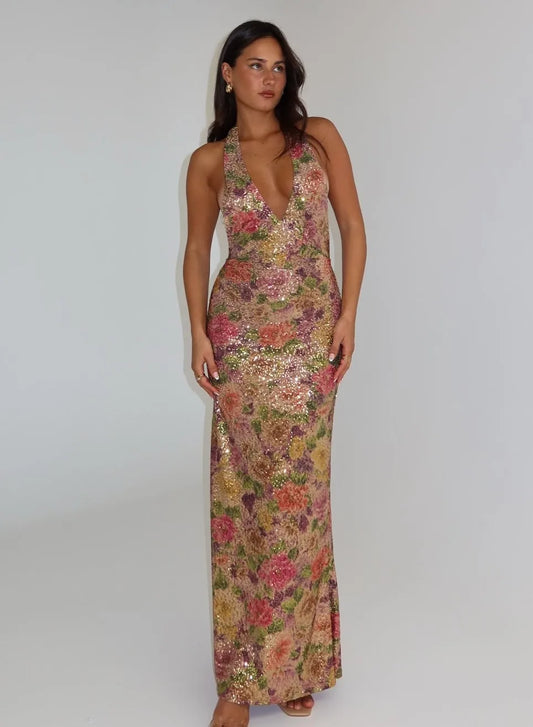 Floral Sequin Halter Gown - Backless Slim-Fit Lady-like Maxi Dress
