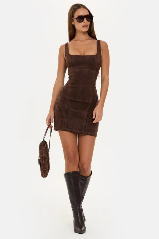Faux Suede Square Neck Bodycon Mini Dress | American Retro Sexy Slip Dress