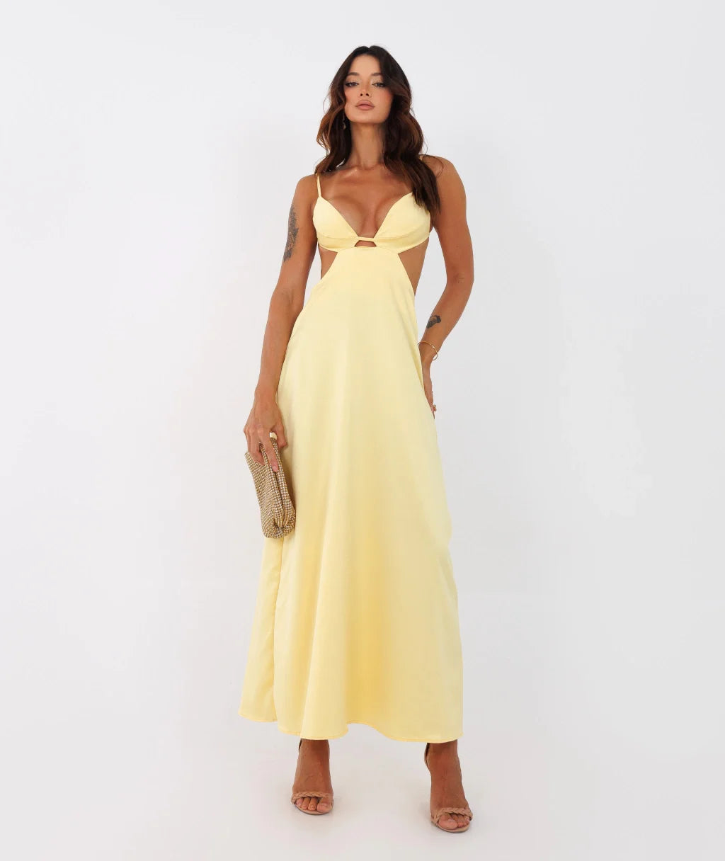 Vacation Style Pale Yellow Satin Cutout Backless Drapey Maxi Dress
