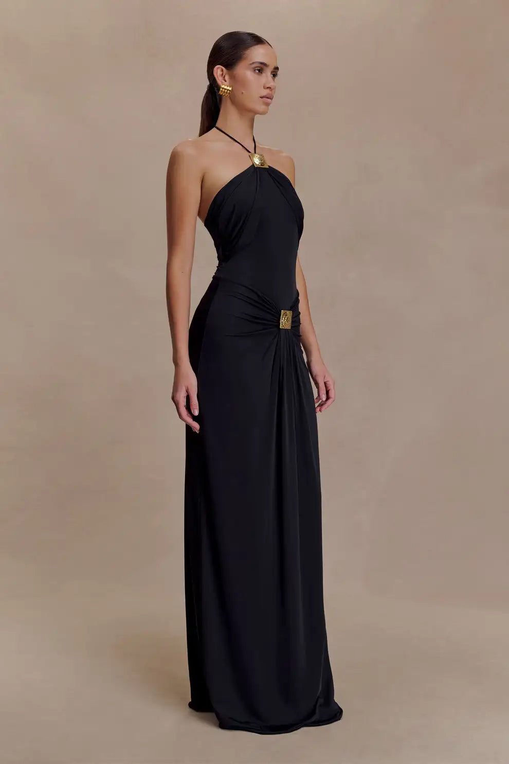 Black Gold Buckle Decor Halter Backless Waist-Fitted Draped Floor-Length Evening Gown