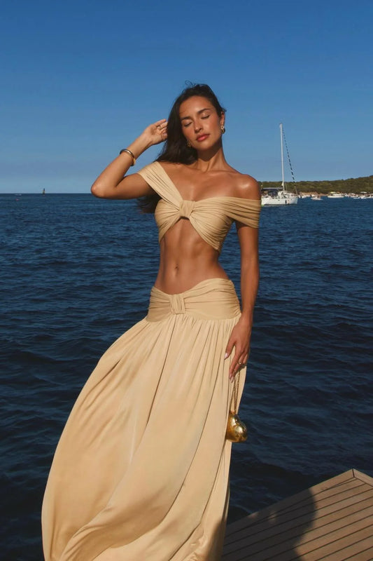 Vacation Style Nude Twist Cutout Halter Maxi Dress Set