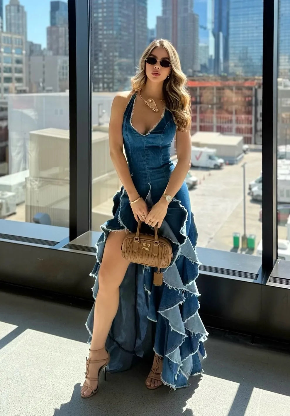 Sexy Halter Deep V Denim Stringy Selvedge Dress