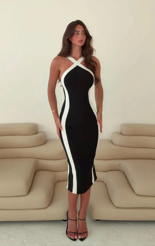 Sexy Sleeveless Cross Color Midi Dress