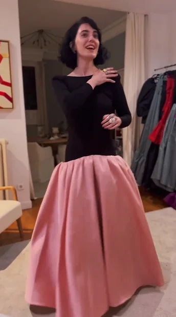 Black-Pink Color-Block Full Skirt Dress - Backless Retro Atmospheric Gown