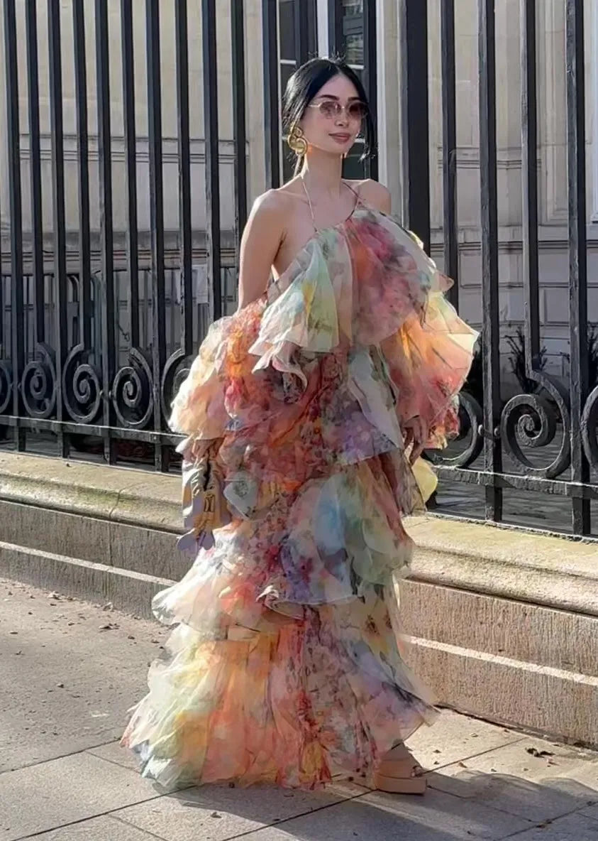 Watercolor Halter Backless Tiered Dress | Fairy Ruffle Hem Gown