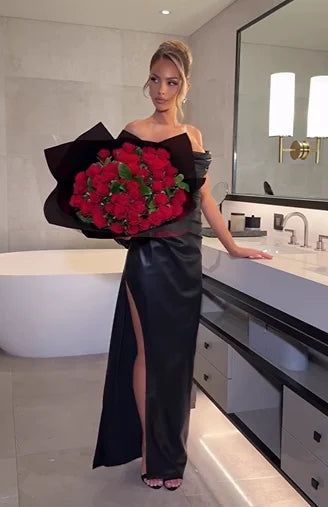 Party Style Black Bandeau Leather-Effect Ruched High-Slit Gown