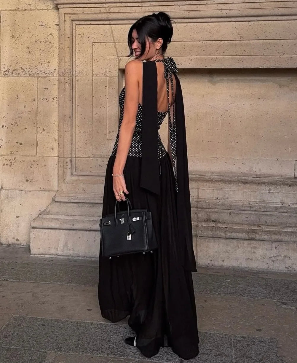 Black & White Polka Dot Halter Tie Detail Party Maxi Dress