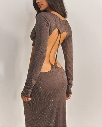 Sexy Shiny Stitching Midriff-Baring Long Sleeve Dress