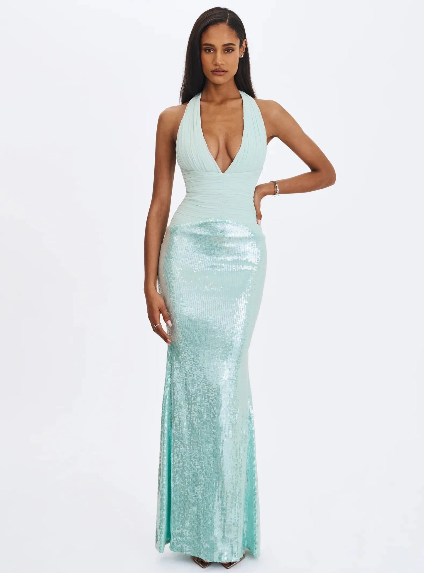 Sexy Halter Deep V Sequin Waist-Cinched Floor-Length Maxi Dress