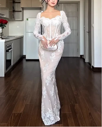 Sexy U Collar Long Sleeve Lace White Maxi Dress