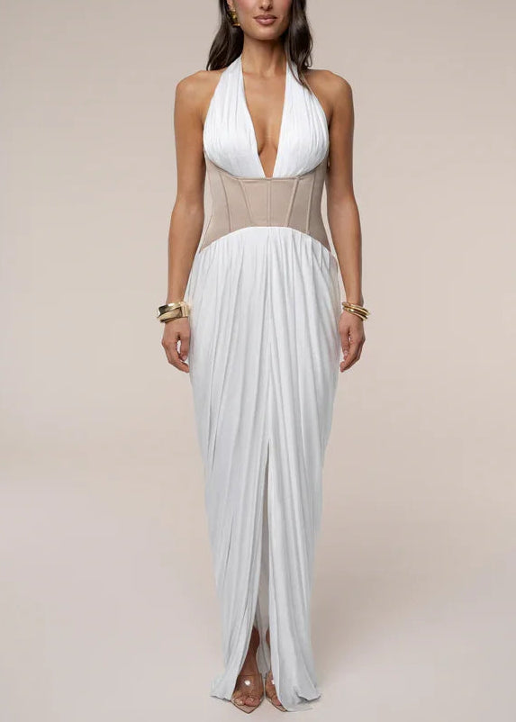 Sexy Sleeveless Halter Super Deep V Stitching Ruffle Maxi Dress