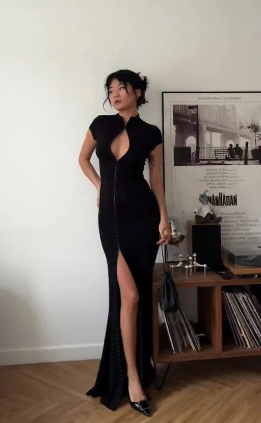 Black Mandarin Collar Zipper High-Slit Party Qipao Dress