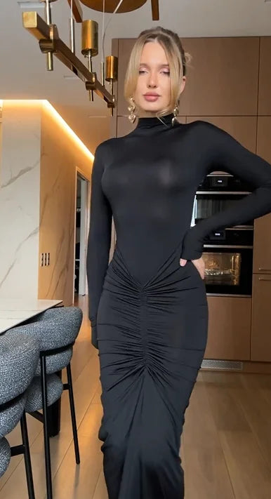 Black Turtleneck Long Sleeve Front Ruched Bodycon Slimming Maxi Dress