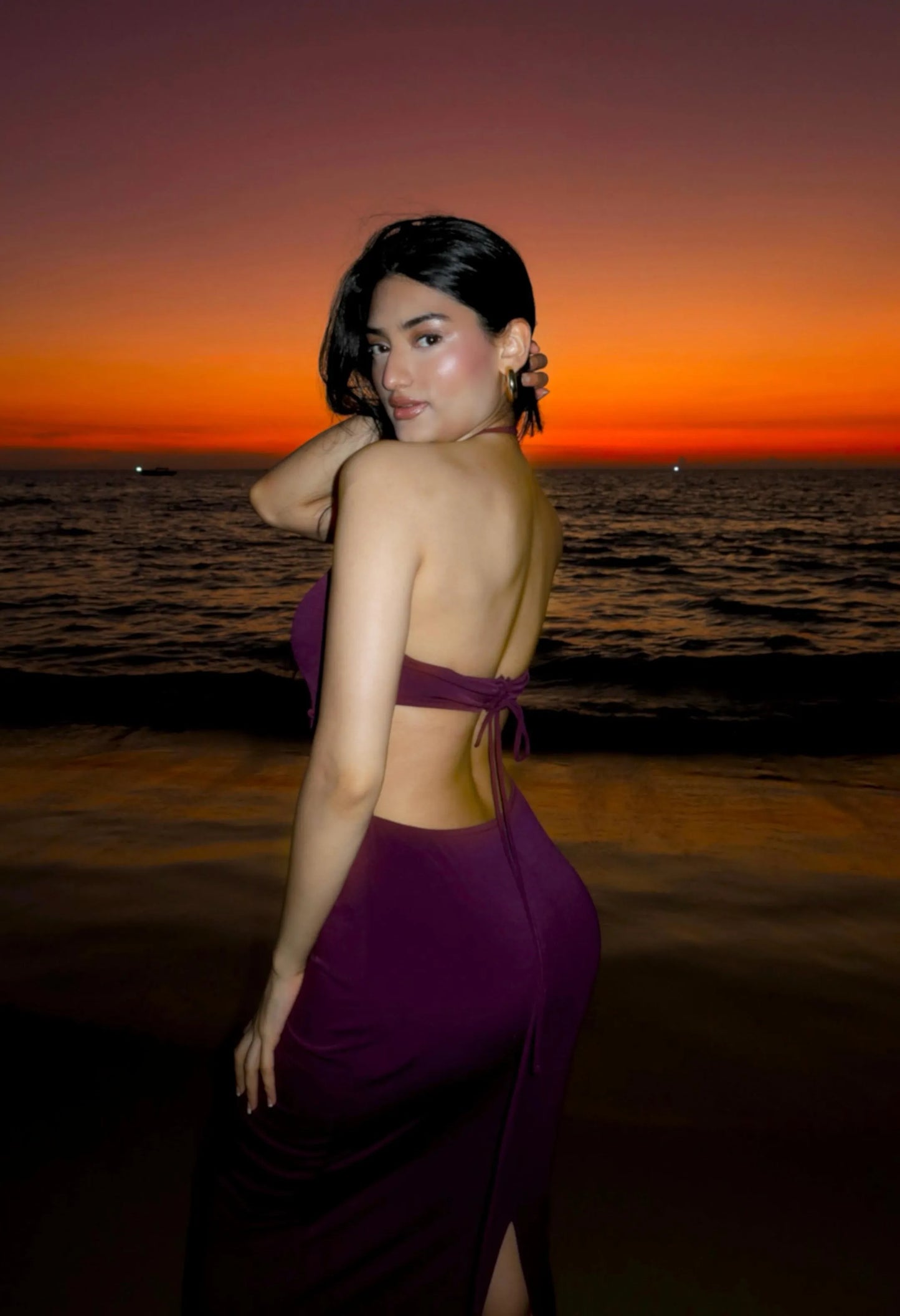 Deep Purple Halter Backless Tie-Up Ruched Slit Mermaid Vacation Maxi Dress