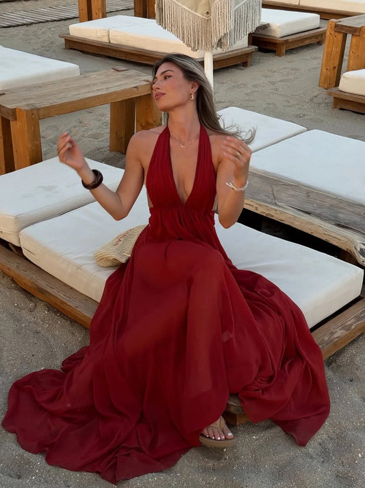 Sexy Deep V Halter Backless Dress