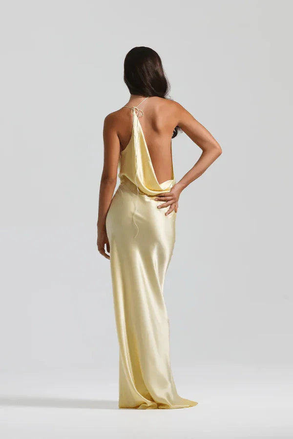 Sexy Sleeveless Deep V Halter Solid Color Evening Dress