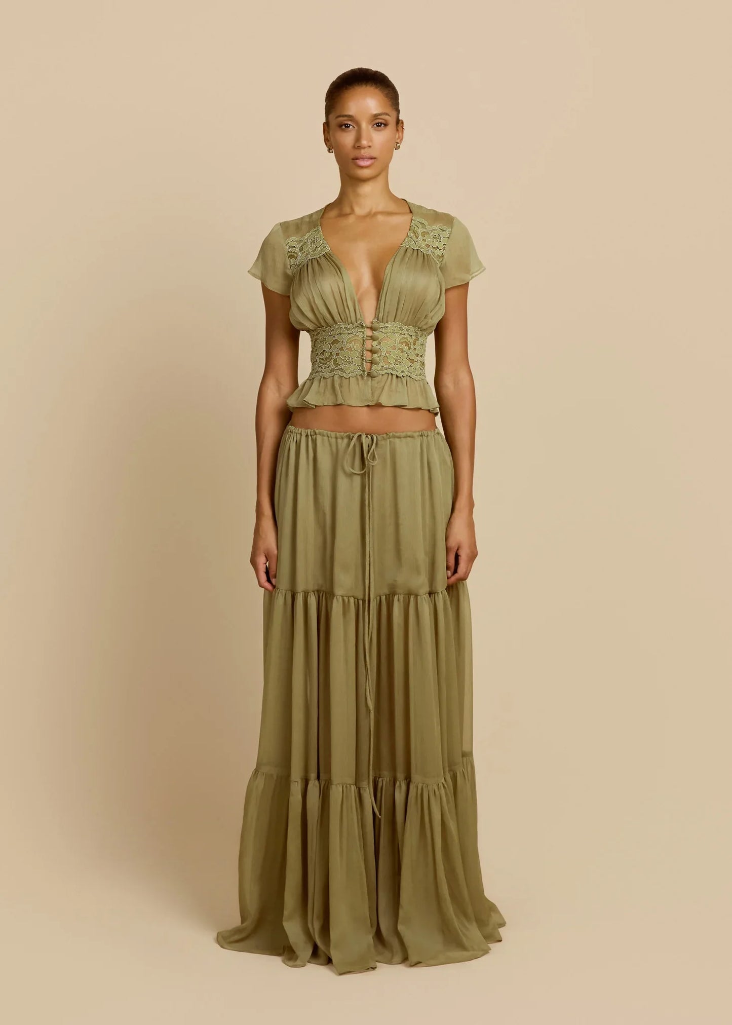 「Olive Green Lace Trim Set - French Romantic Two-Piece Set」