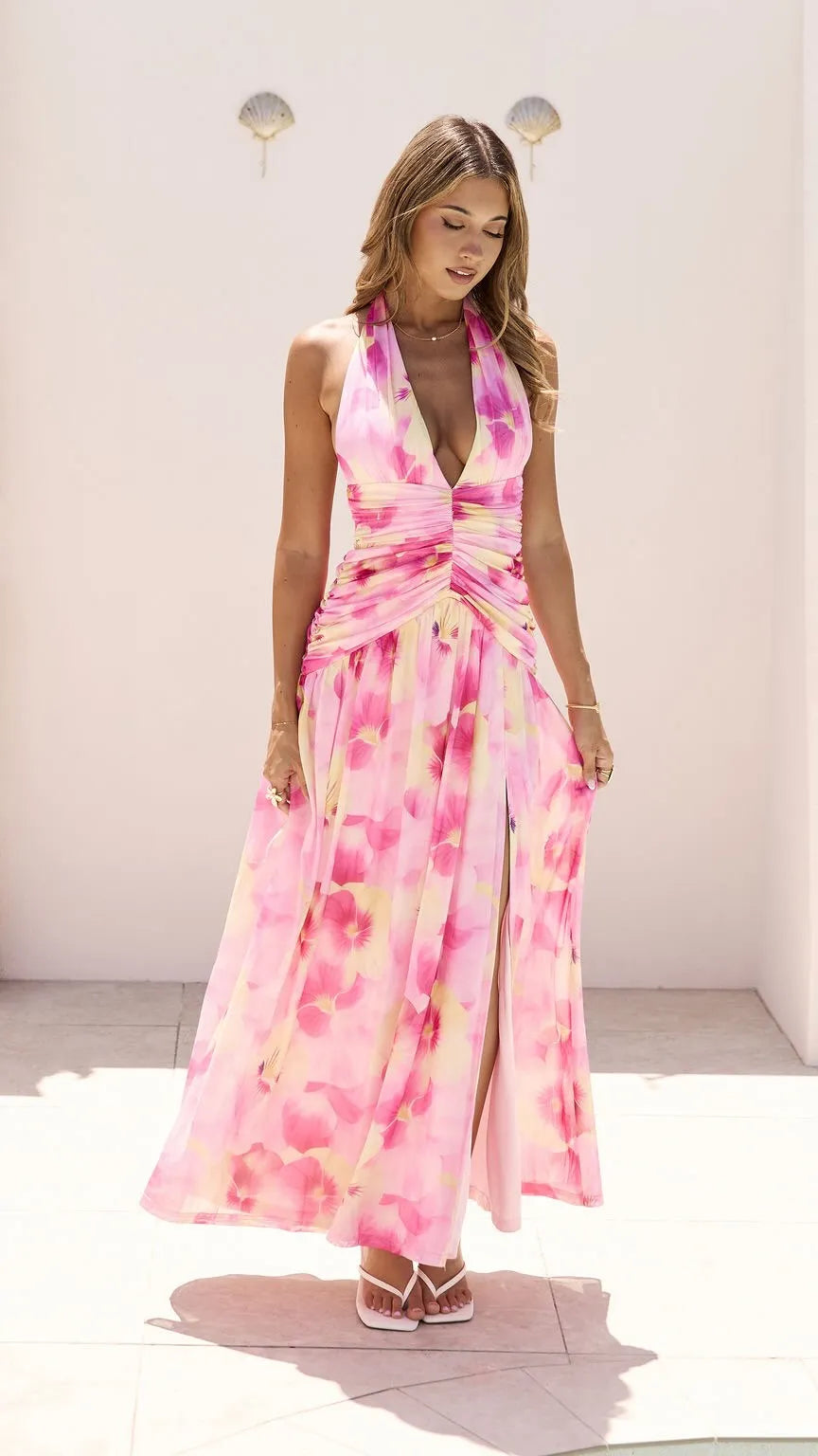 Sexy Halter Deep V Printed Pleated Dress