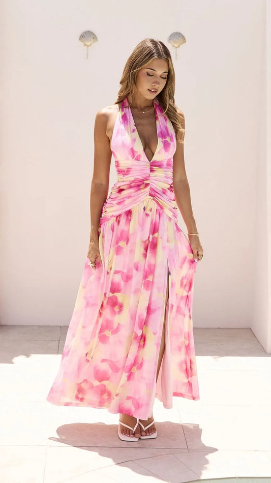 Sexy Halter Deep V Printed Pleated Dress