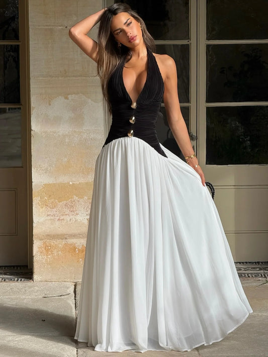 Black & White Halter Gold Button Waist-Cinched Vacation Maxi Dress