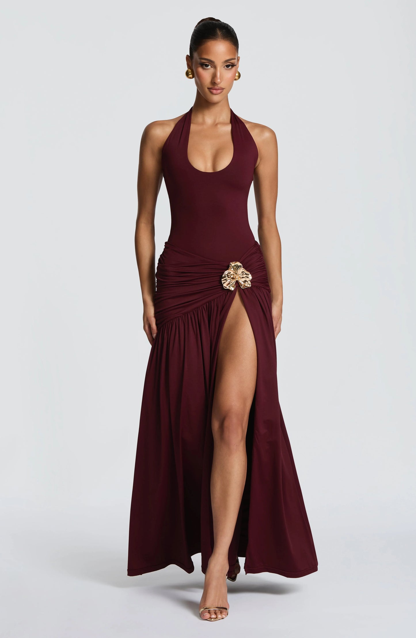 Sexy Halter Metallic Floral Accent High-Slit Floor-Length Maxi Dress