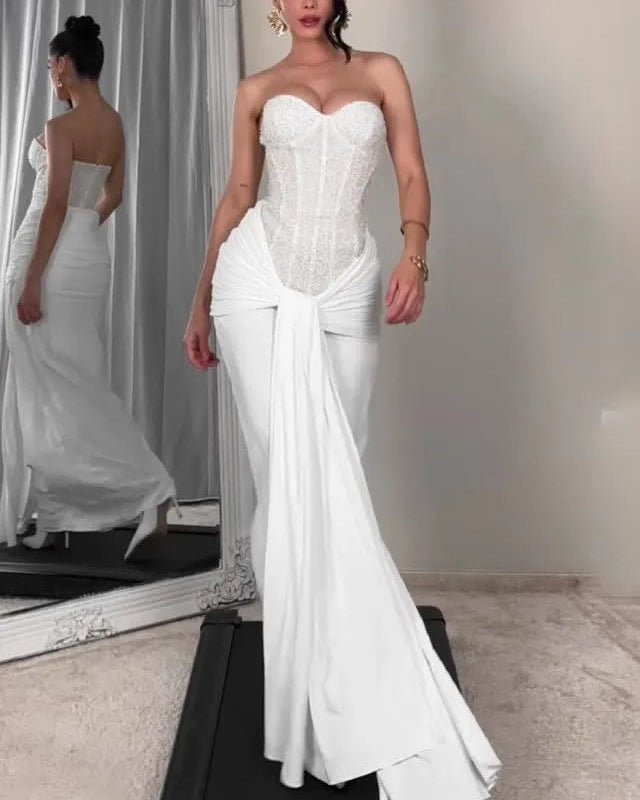 Sexy Sleeveless Tube Top Stitching Solid Color Evening Maxi Dress