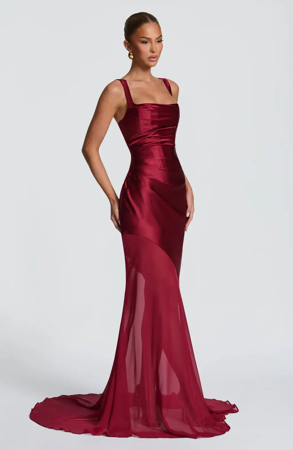 Burgundy Satin & Sheer Panel Gown - Mermaid Train Maxi Dress