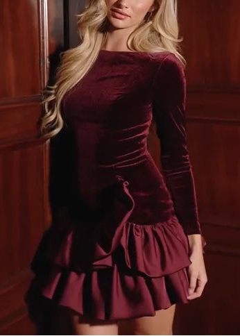 Sexy Long Sleeve Slim-Fitting Patchwork Cake Mini Dress