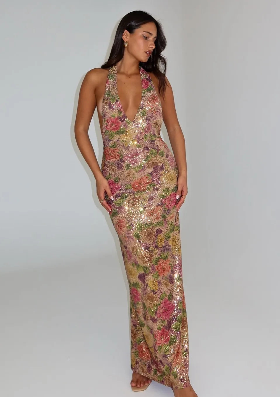 Floral Sequin Halter Gown - Backless Slim-Fit Lady-like Maxi Dress