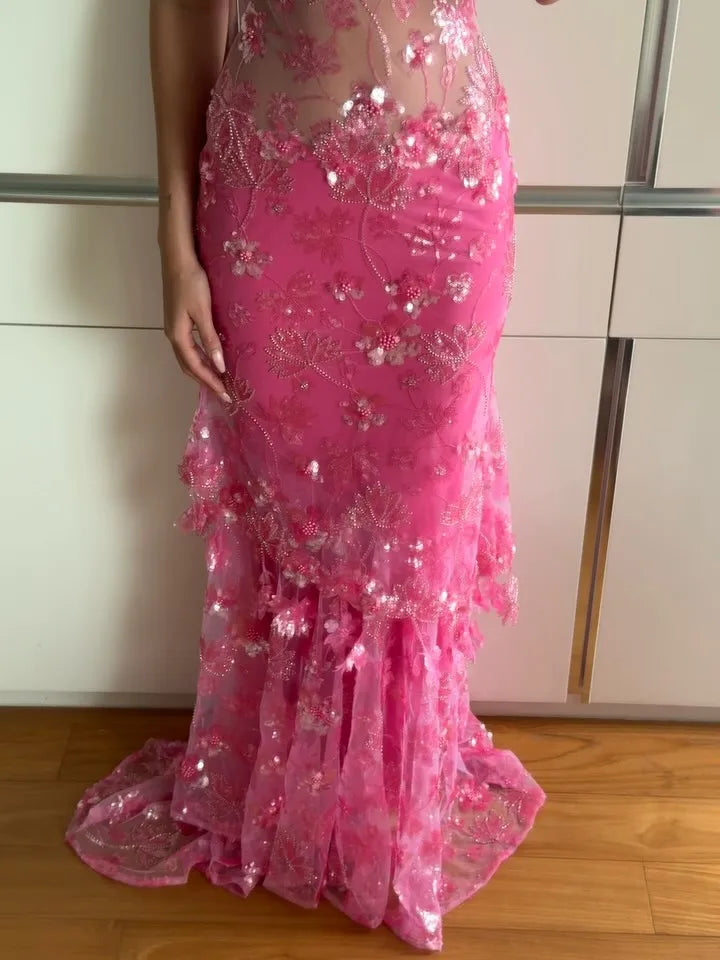 Pink 3D Floral Beaded Sheer Mesh Spaghetti Strap Mermaid Train Evening Maxi Dress