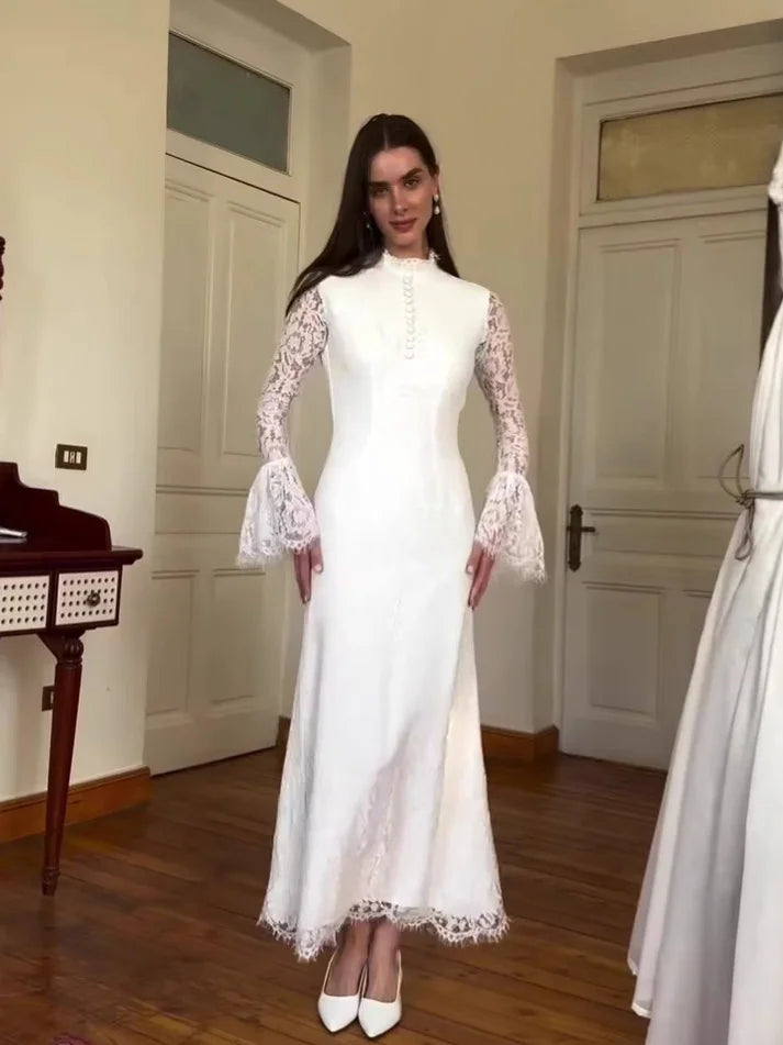 Stand Collar Lace Flared Sleeve Gown - Retro Atmospheric Wedding Maxi Dress