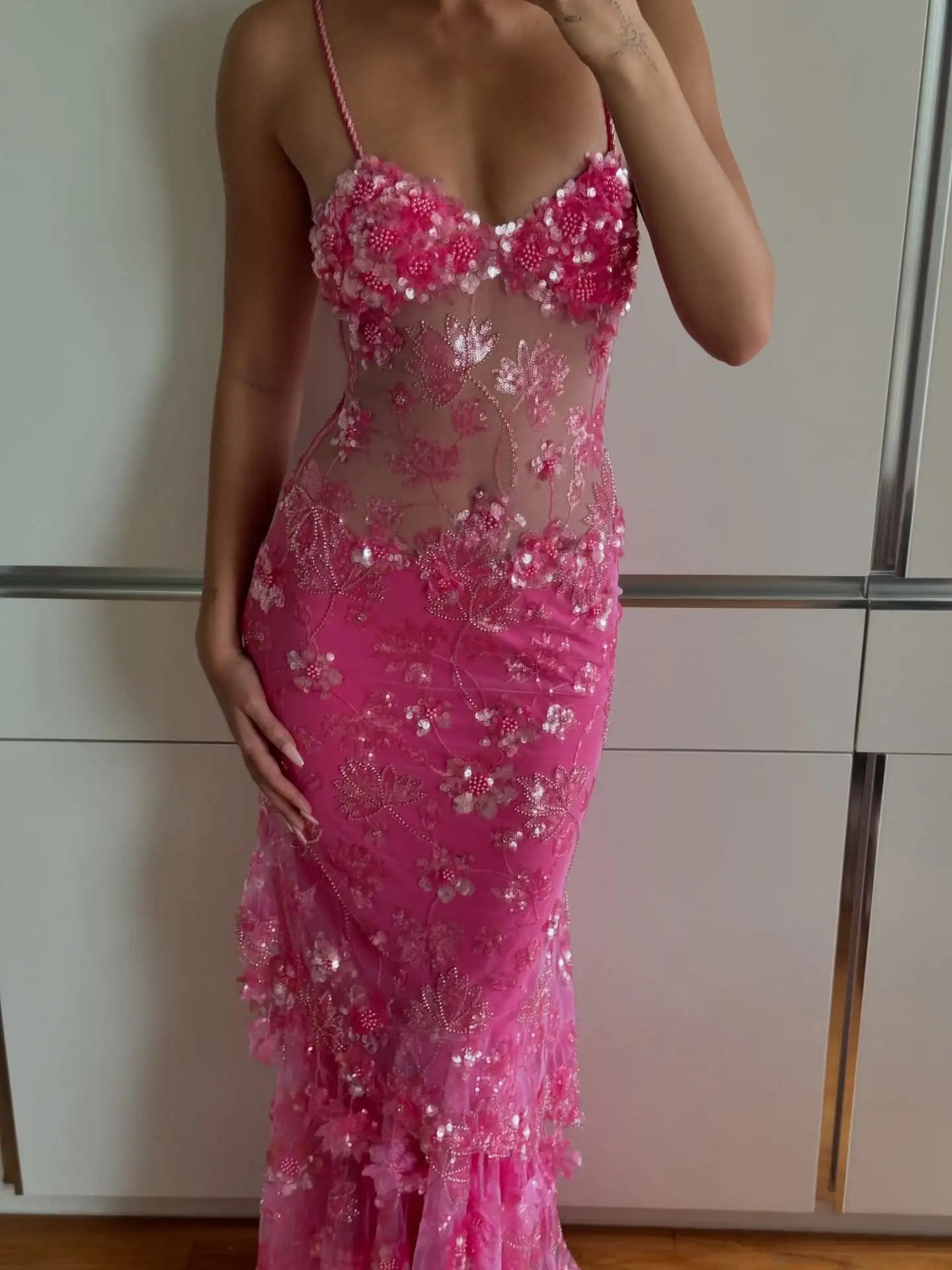 Pink 3D Floral Beaded Sheer Mesh Spaghetti Strap Mermaid Train Evening Maxi Dress