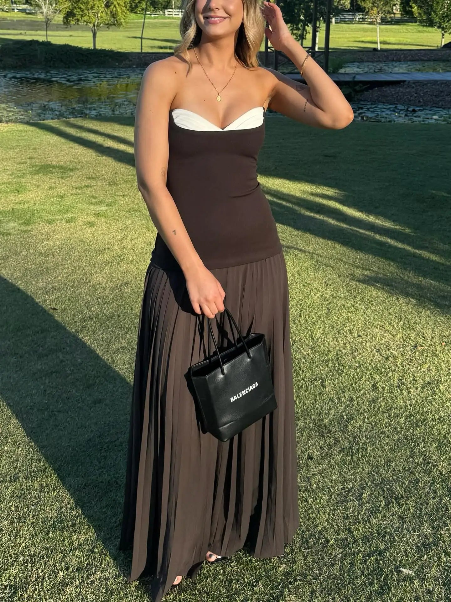 Sexy Contrast Color Bandeau One-Shoulder Stitching Dress