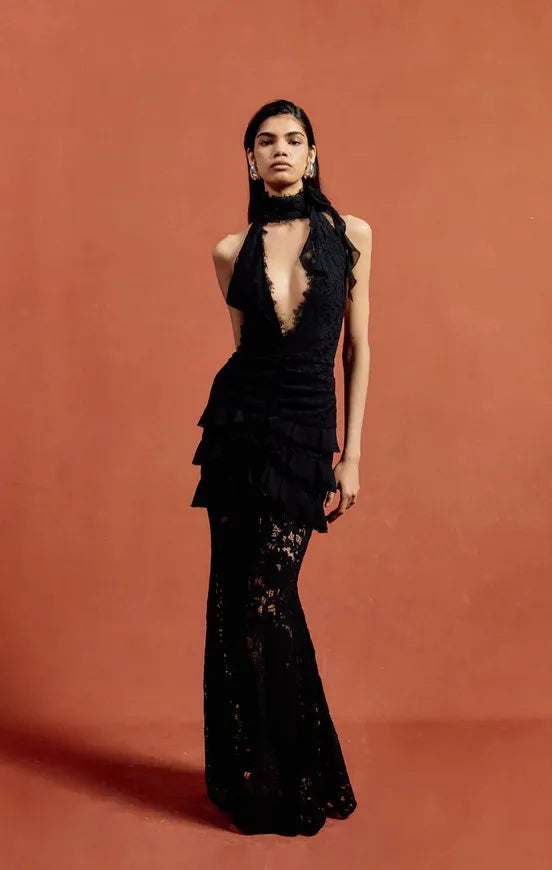 Sexy Halter Lace Deep V Hollow Dress