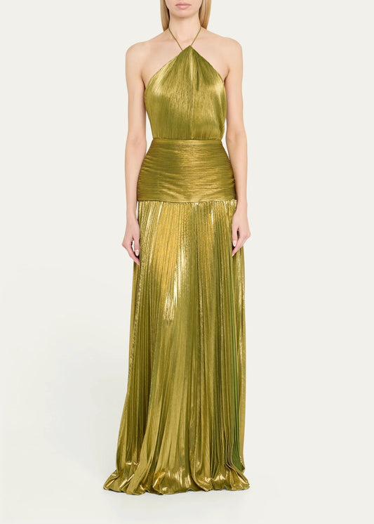 Gold Luxury Gown - Halter Backless Pleated Evening Dress