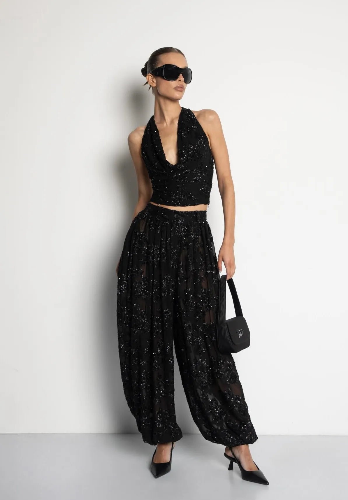 Sexy Backless Fashion Shiny Blouse and Pants