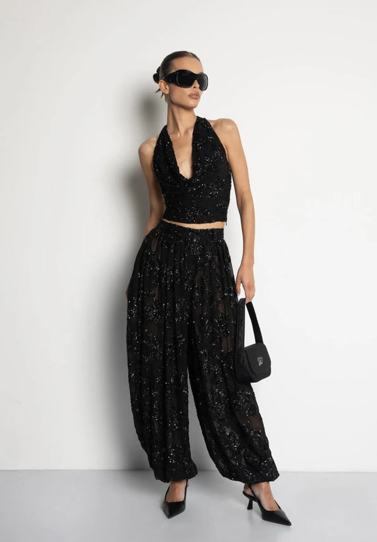 Sexy Backless Fashion Shiny Blouse and Pants